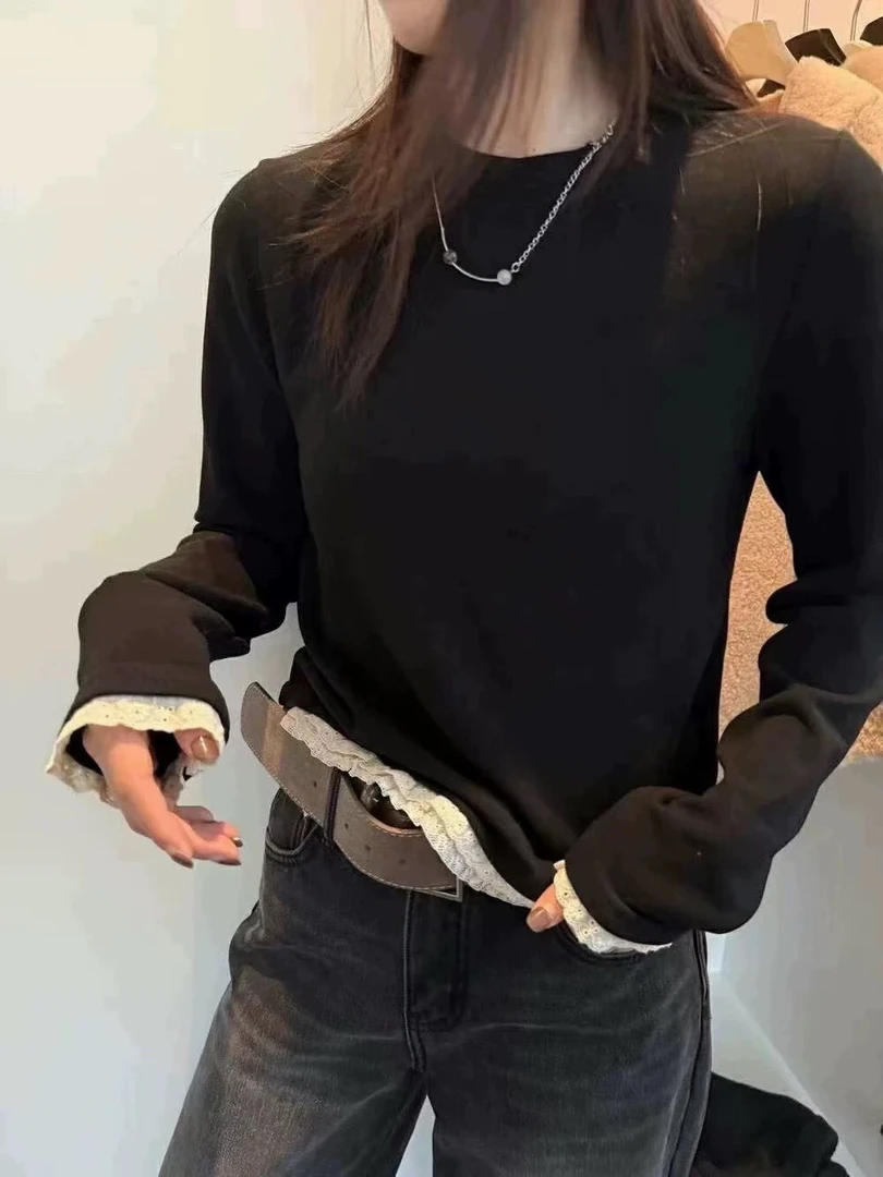 欧货蕾丝拼接磨毛打底上衣5302