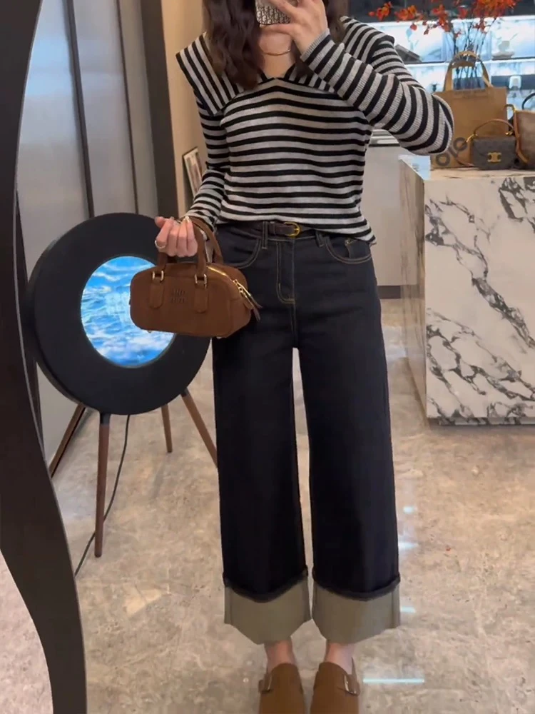 欧货翻边高级感直筒牛仔裤8768