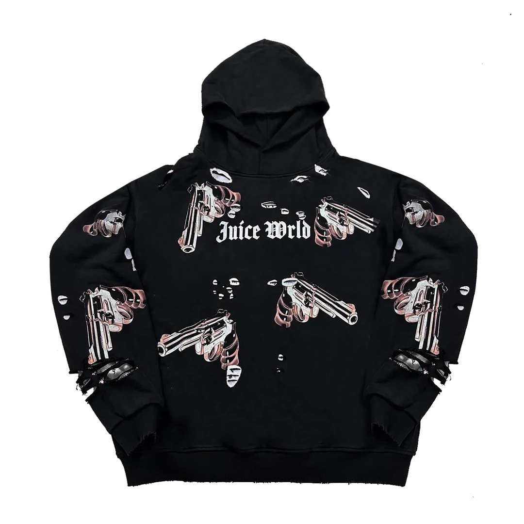 Juice WRLD FW23 REVOLVER DESTRUCTION HOODIE印花做旧卫衣帽衫