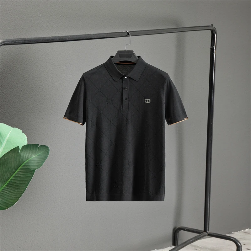 针织桑蚕丝短袖t恤男士夏季莱赛尔冰丝polo衫中年薄款男装纯色T恤