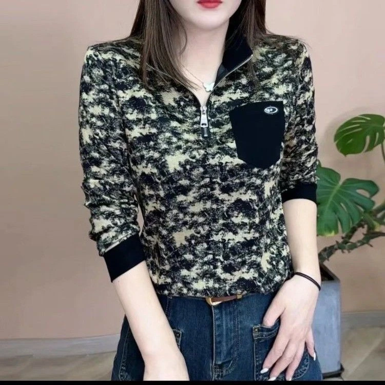 洋气半拉链POLO衫2024秋季遮肉显瘦长袖打底小衫中年女士上衣