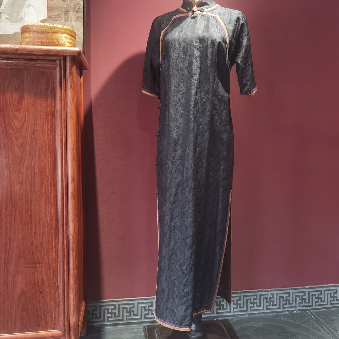 香云纱黑色手工旗袍