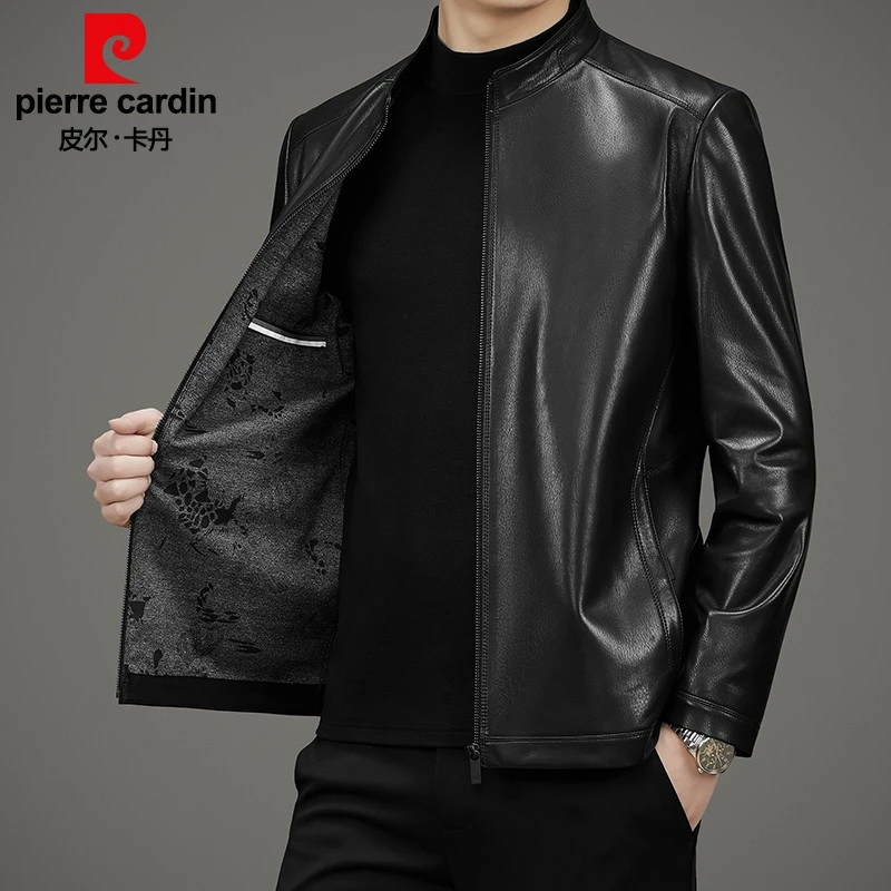 【头层山羊皮】皮尔卡丹春秋真皮皮衣男商务棒球领夹克外套7710H
