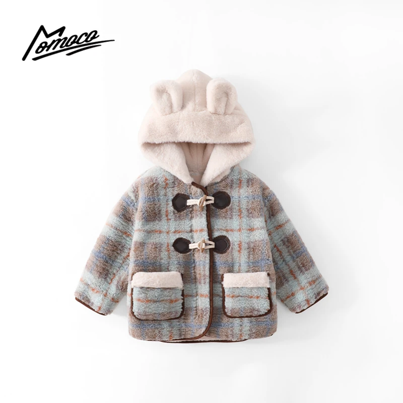 MOMOCO冬季新款儿童呢子衣保暖男女童加绒格子外套75430123022