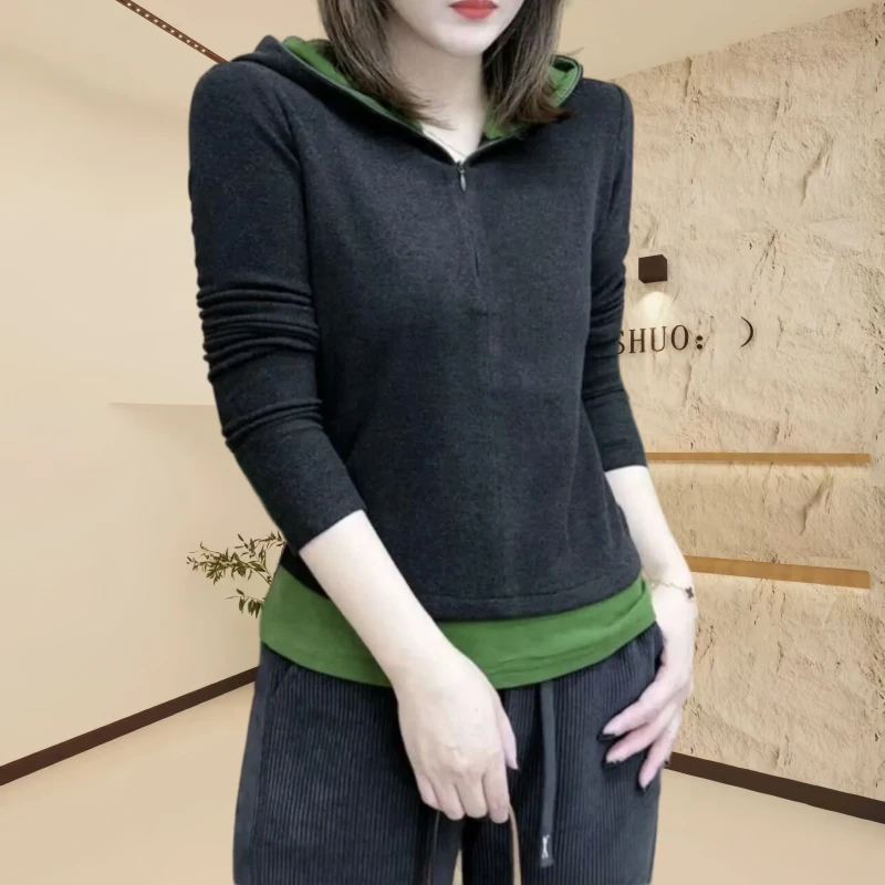 德绒半拉链连帽卫衣女2024春季新款保暖精致休闲减龄撞色拼接上衣