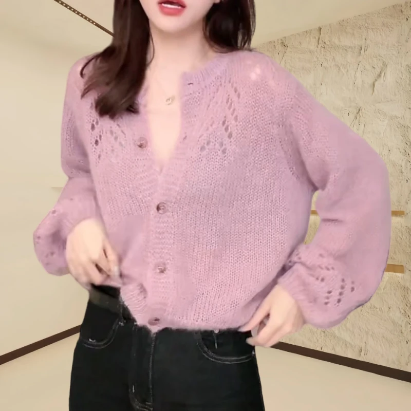 2025新款针织开衫洋气减龄镂空休闲慵懒风温柔圆领长袖针织开衫