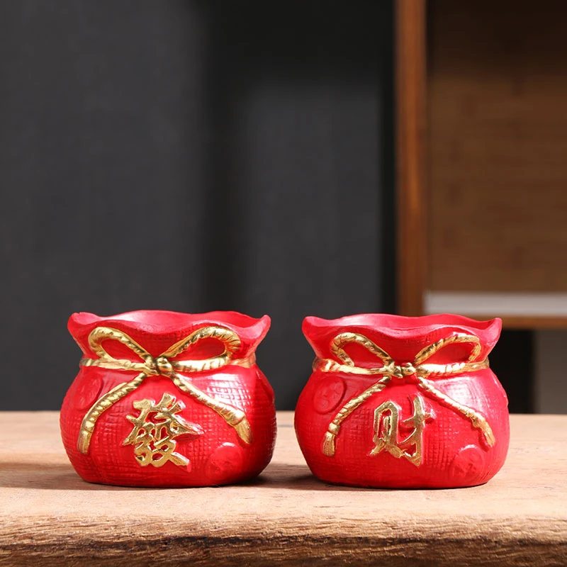 办公室红色多肉花盆托盘小发财灵芝绿植客厅家用陶瓷清仓捡漏批发