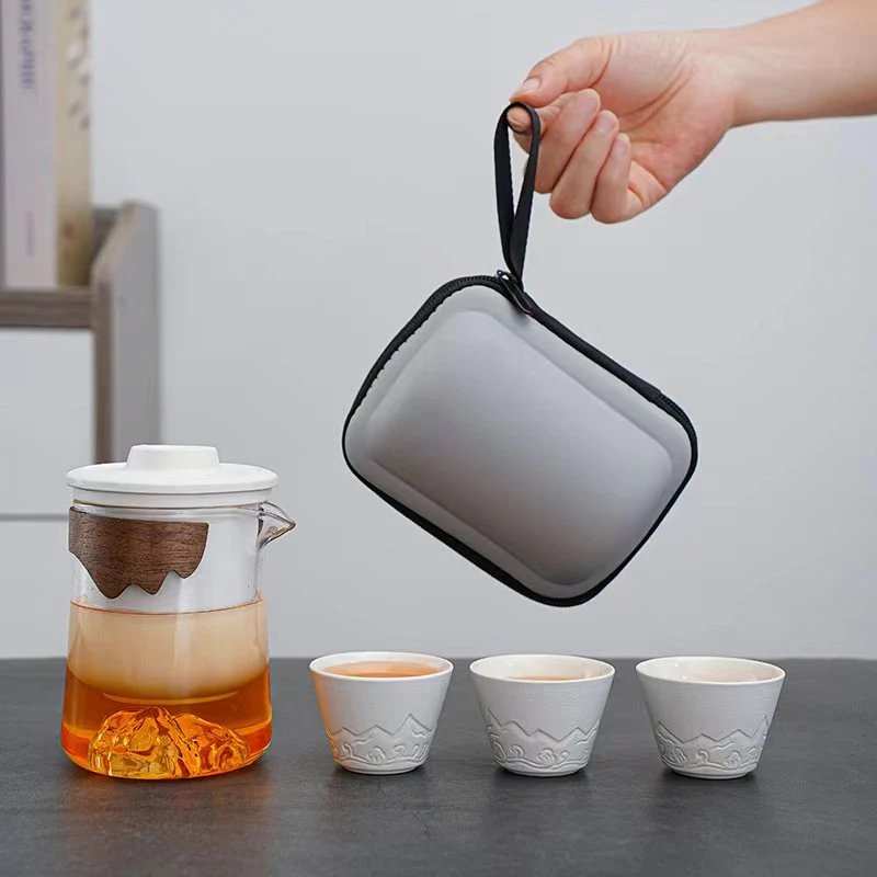 便携式远山旅行茶具茶杯玻璃户外一壶三杯陶瓷快客杯户外端午节