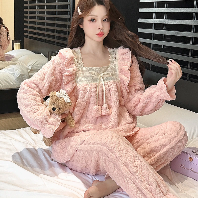 【涵梦专属】睡衣女冬季甜美长袖新款蝴蝶结法兰绒家居服可外穿1030