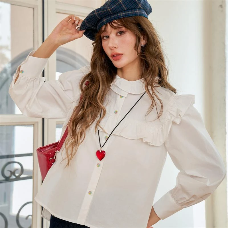 CLOUDSEASON白衬衫白色衬衣长袖打底甜美小众韩版约会日花边复古