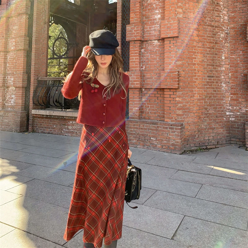 Cloud season钻钻红格半裙CBQ23685半身裙裙子秋冬
