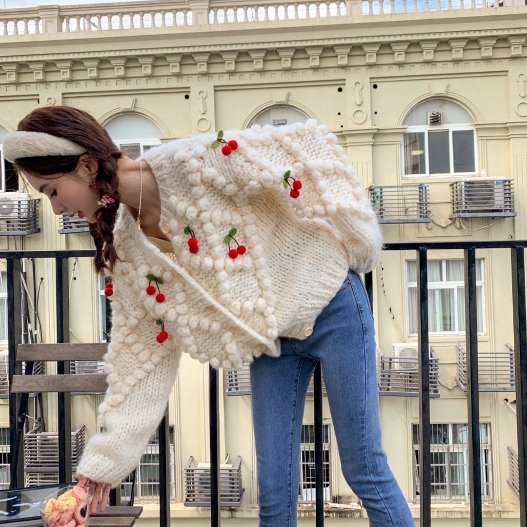 Cloud season【现货】樱桃毛衣宽松复古开衫春秋外穿设计感针织