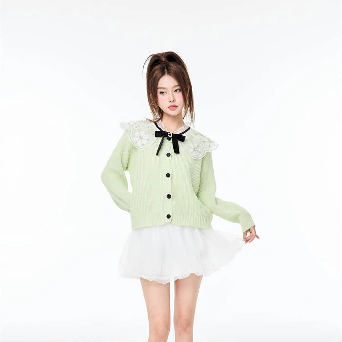 Cloudseason【清仓款式】雅丹风蕾丝领针织外套CWT22368