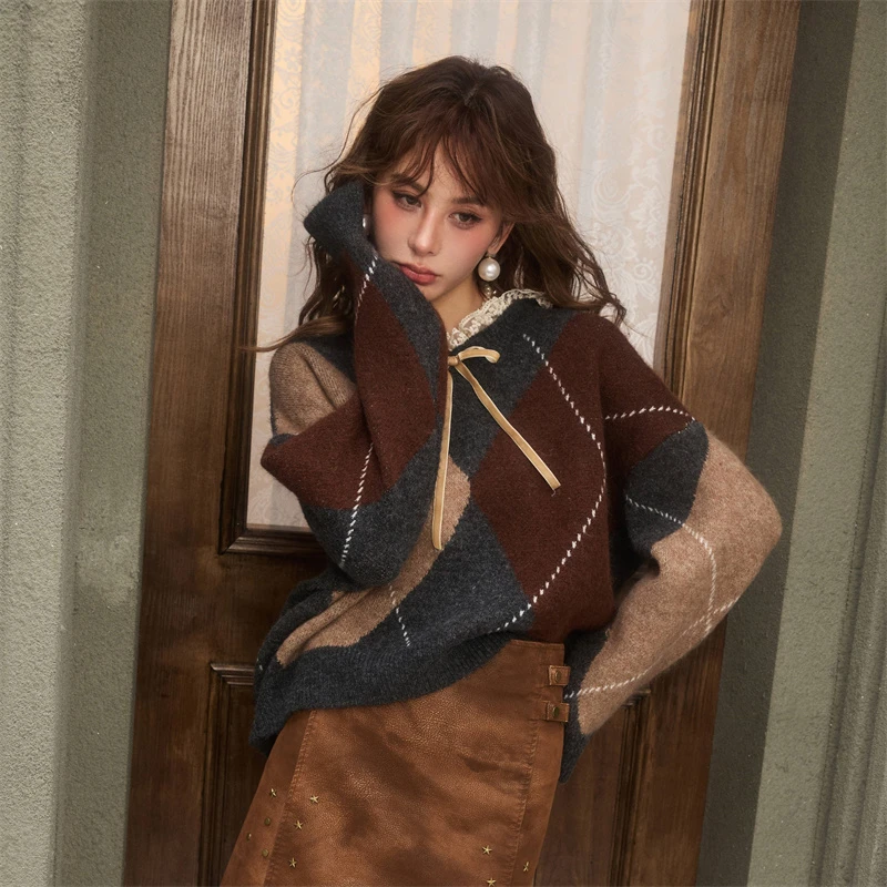 Cloud season卓仕琳同款蕾丝菱格复古毛衣拼色针织开衫宽松韩版学