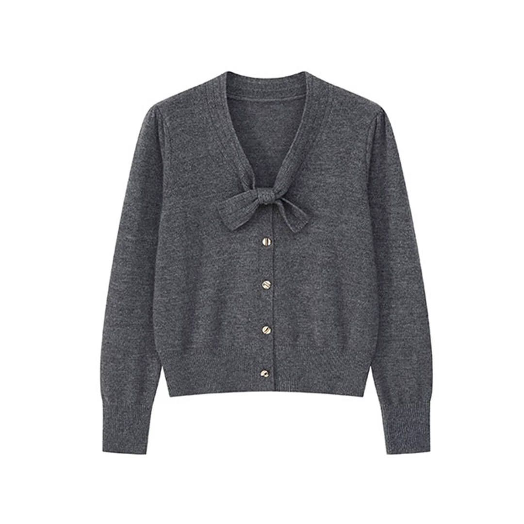 【华伦乐章】M-2024秋冬绵羊毛羊绒蝴蝶结针织衫女时尚百搭纯色气质