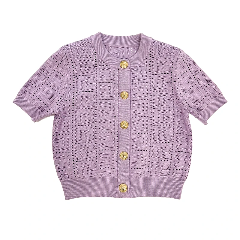 【迷幻夏日】短袖针织衫女款香芋紫镂空浮雕华夫格单排扣修身小香风