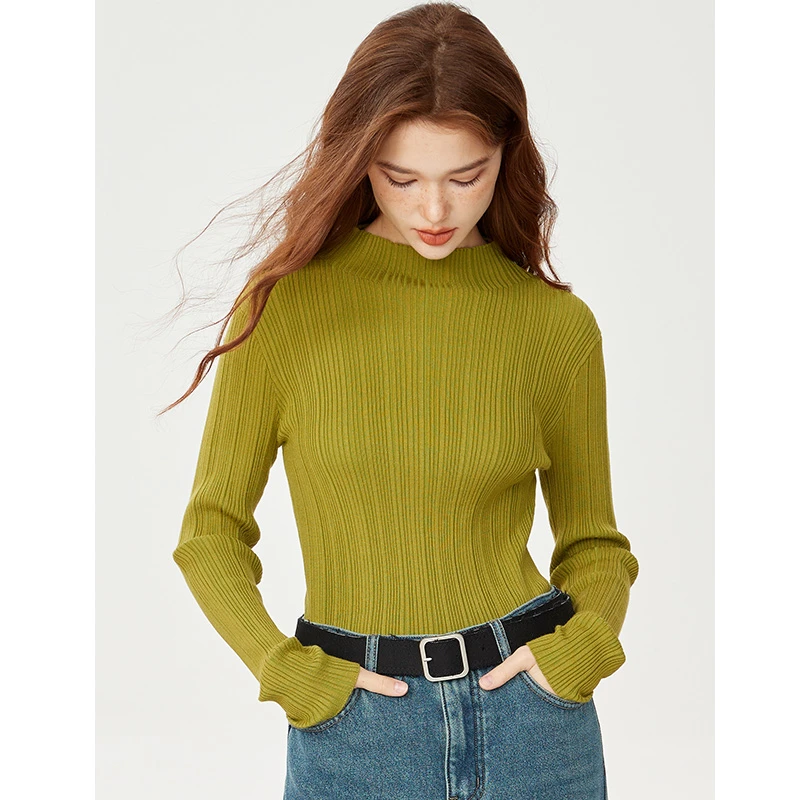 库恩玛维简约半高圆领针织衫女装2023年秋冬新款修身百搭打底毛衣