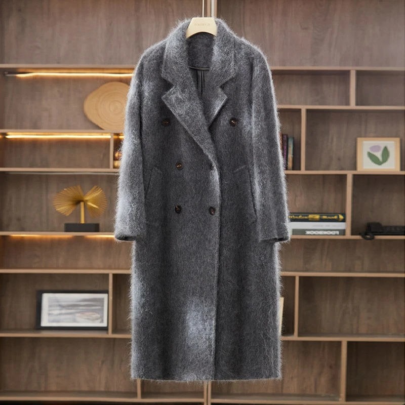 100%山羊绒拉绒加厚保暖冬季中长款大衣外套女