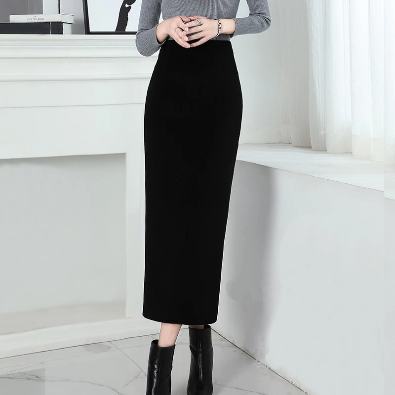 羊毛呢半身裙冬季超长款黑色铅笔裙一步裙2025羊绒包臀裙长裙半裙