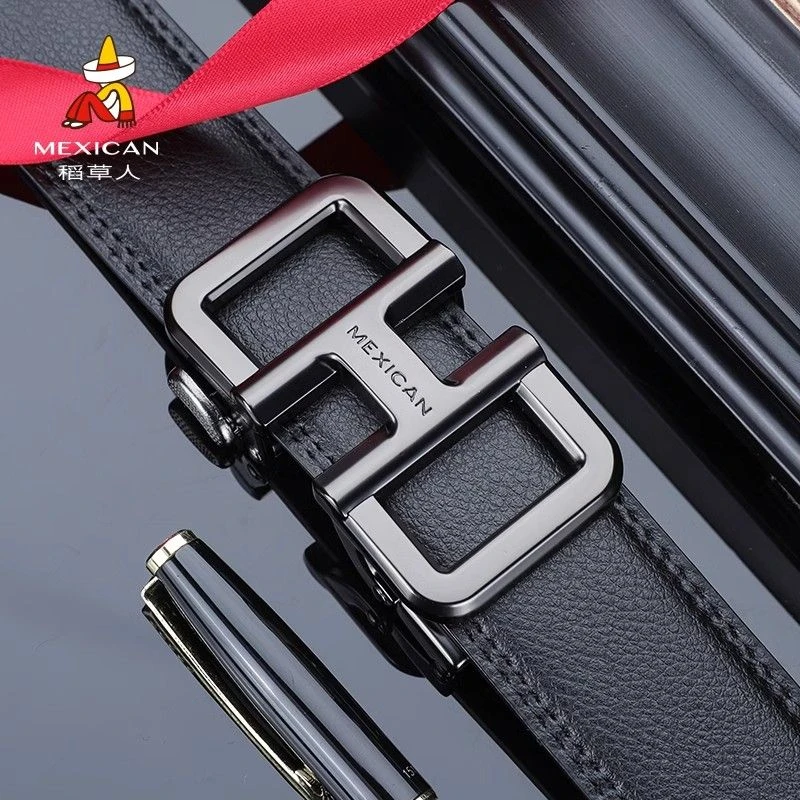Mexican/稻草人皮带男真皮自动扣腰带牛皮年轻人商务休闲男士裤带