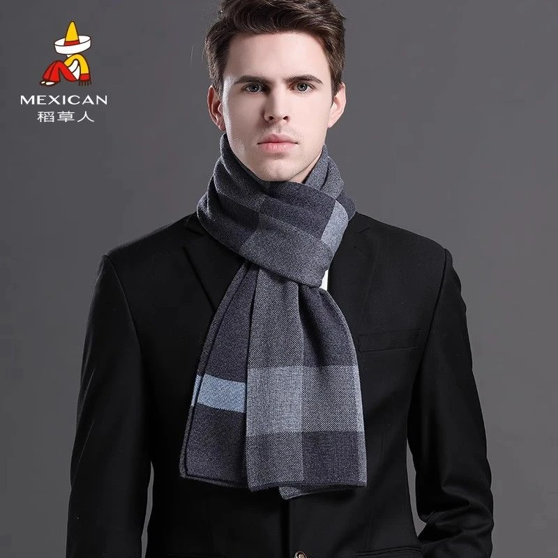 Mexican/稻草人围巾男冬季针织保暖加绒生日格子围脖百搭2024新款