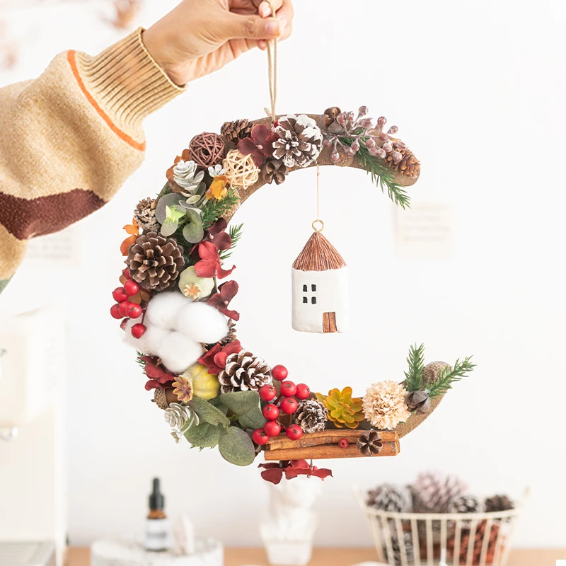 阿楹 儿童房女卧室入户门干花花环圣诞乔迁新年墙面装饰月亮挂件