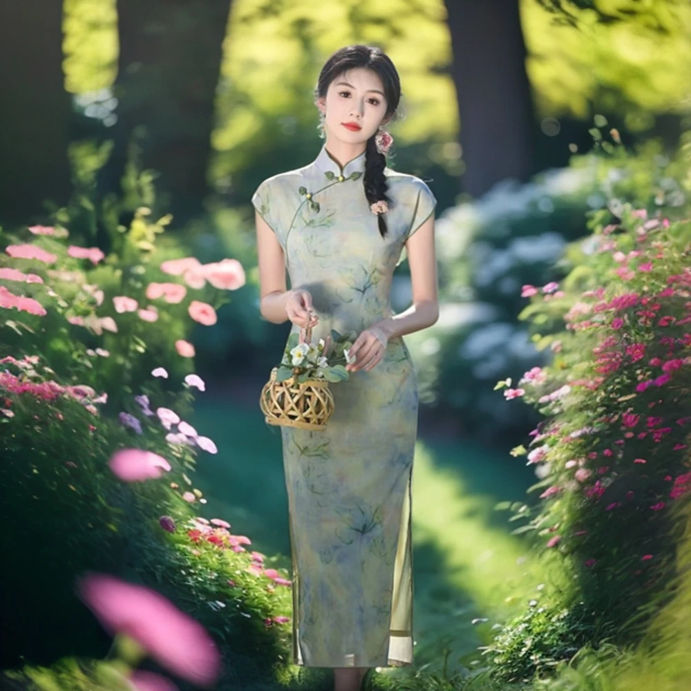 [花月]新中式国风时尚新款年轻少女气质优雅旗袍清新日常长款复古