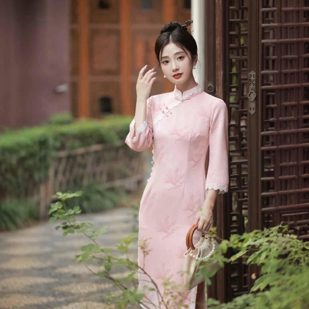 秋季新款新中式蕾丝边修身旗袍日常复古优雅中国风显瘦显白中长款