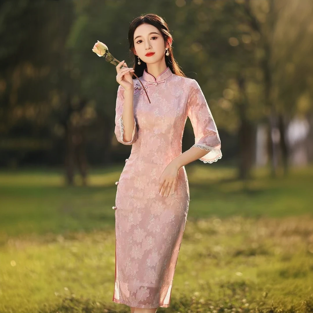 秋季新款国风气质优雅旗袍时尚修身蕾丝新中式日常显瘦复古中长款