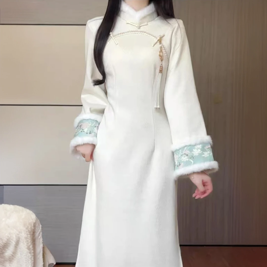 [白月光]新中式旗袍两件套加厚冬款气质日常款修身复古优雅