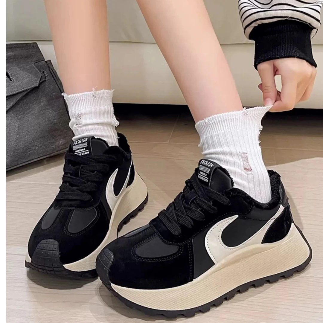 厚底阿甘鞋女2024秋老爹鞋新款拼色百搭华夫鞋休闲运动德训鞋