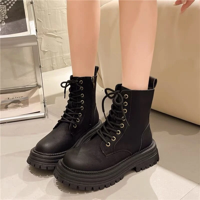 薄绒2023年秋季新款厚底系带机车马丁靴女英伦风复古工装短靴子