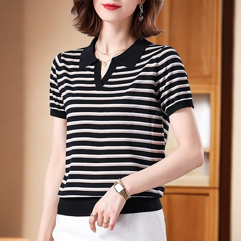 洋气时尚夏季宽松条纹女翻领休闲套头显瘦百搭上衣毛针织衫妈妈装