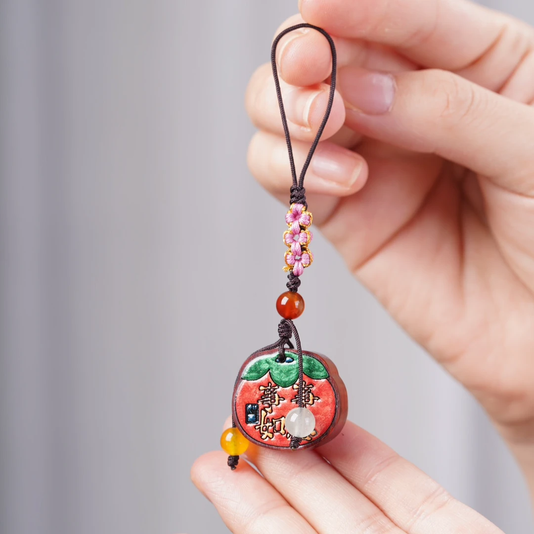 檀木苹果彩绘平安如意手机链吊高级感牌包包挂件檀木国潮好物精致