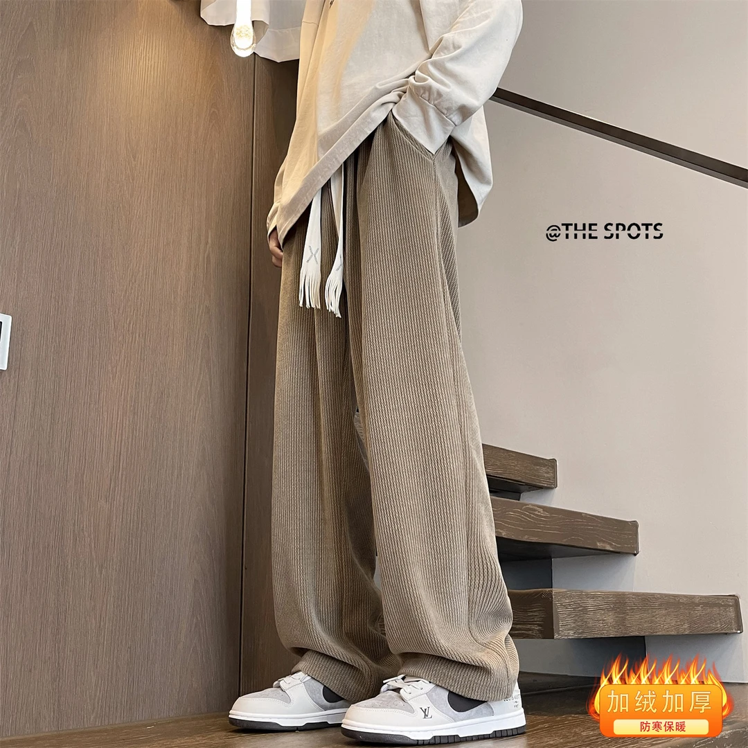 咖啡色垂坠感运动裤男秋冬宽松大码休闲裤潮牌加绒加厚ins阔腿裤