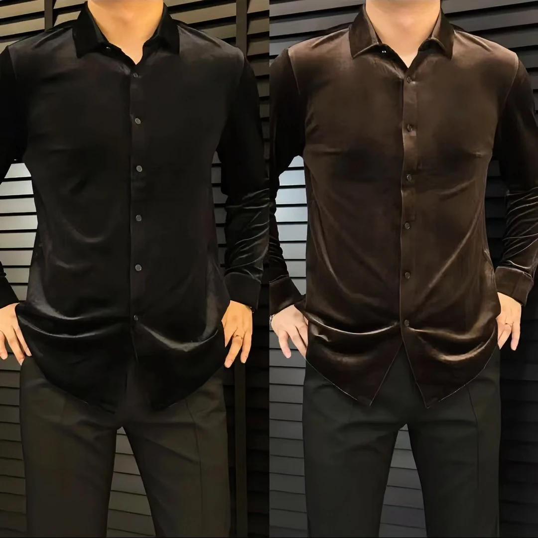 2024新款秋冬高定无痕金丝绒时尚百搭衬衫修身男士纯色衬衫