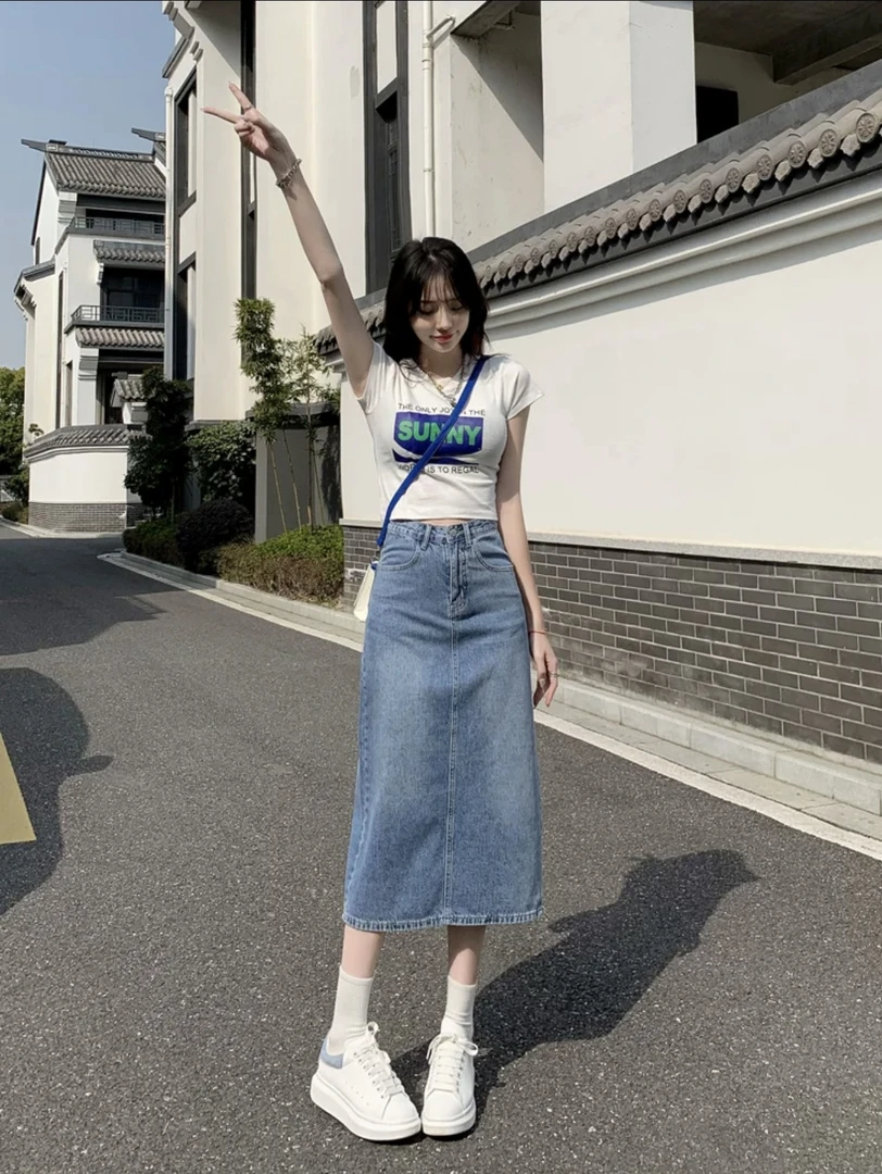 牛仔裙女2025夏季新款高腰显瘦a字裙时尚百搭后开叉中长款半身裙