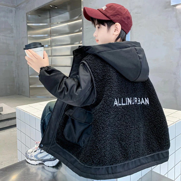 儿童装男童秋冬装摇粒绒外套2023新款中大童连帽男孩冬季加绒棉衣