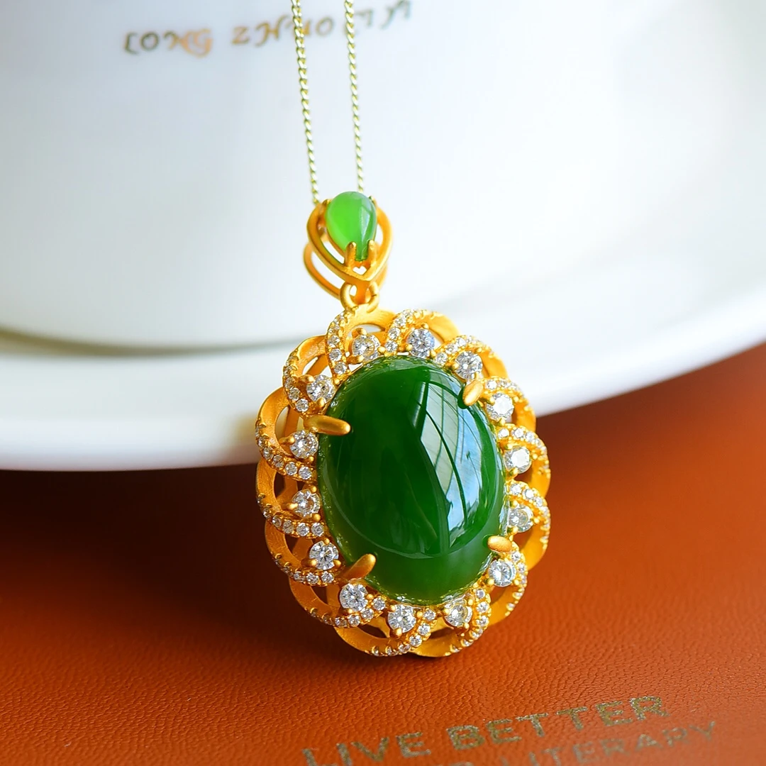 和田玉蛋面众星捧月素银吊坠礼物项链镶嵌古法银镀气质女款