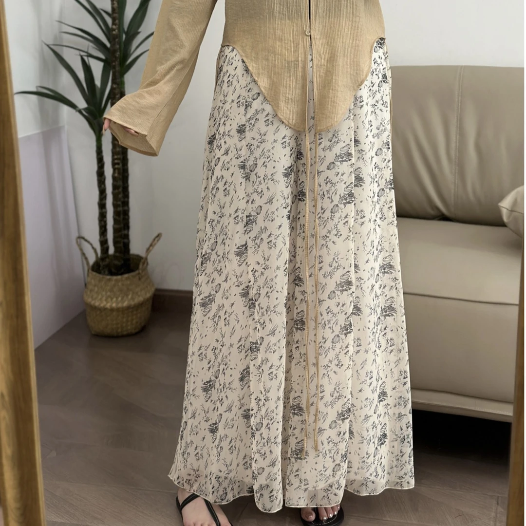 【瘦瘦】大码文艺清冷碎花复古杏色雪纺裙裤甜美松紧腰透气S0061