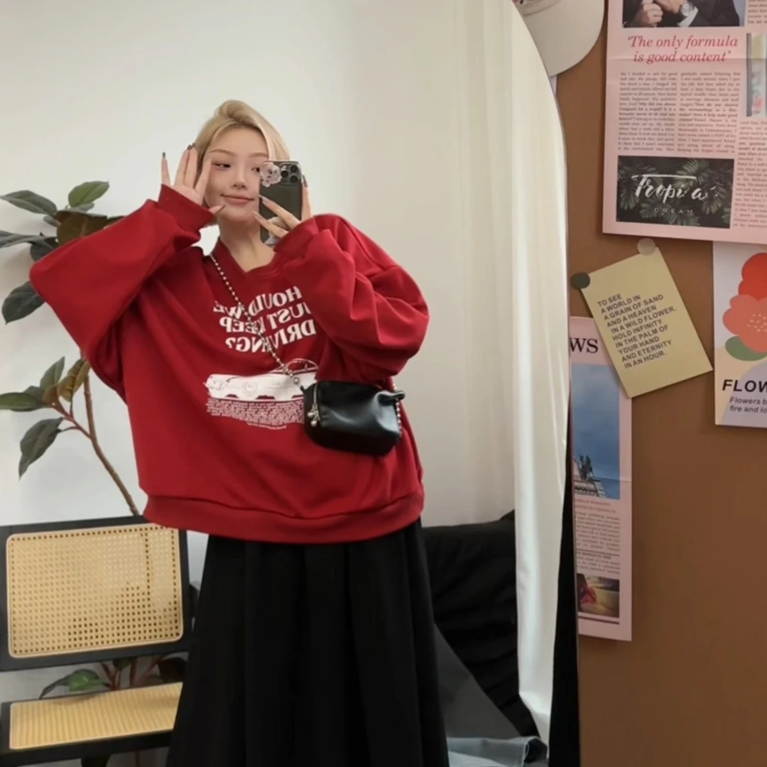 【瘦瘦】韩版休闲纯色套头加绒小汽车字母印花卫衣保暖潮流S0206