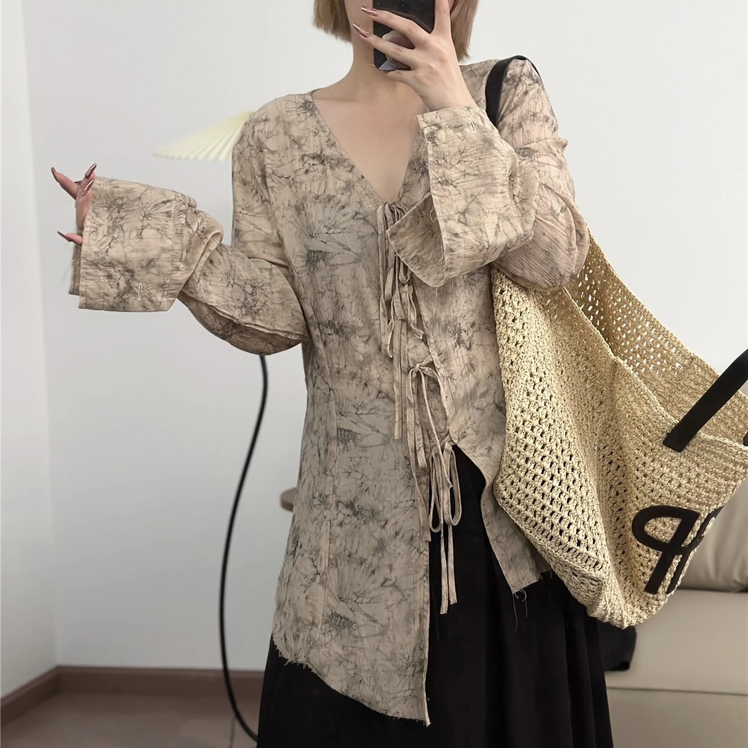 【瘦瘦】新中式不规则设计系带衬衫水墨印染毛边可裁剪长袖S0115