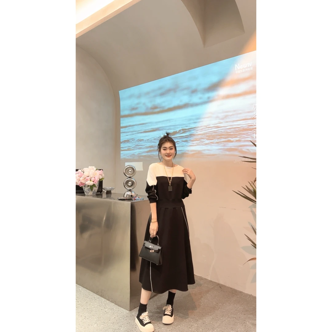 50685 时尚休闲收腰遮肉显瘦高级感百搭拼接连衣裙 诗诗