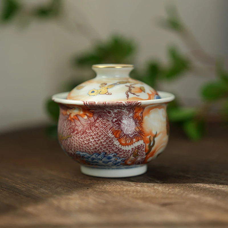 【墨舍柴窑】墨衍堂麒麟踏浪盖碗纯手工陶瓷moyt68