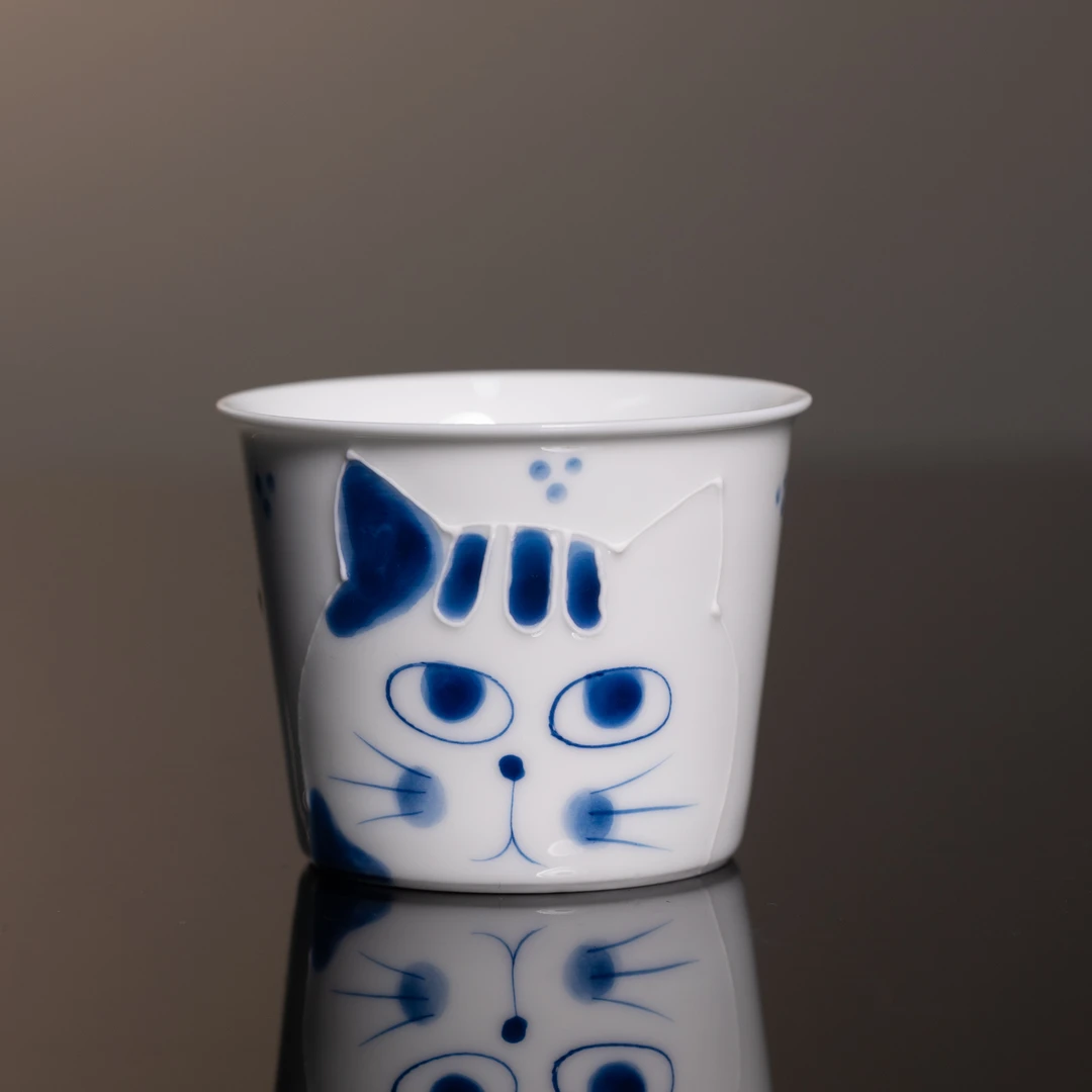 【墨舍好物】蓝猫冰桶杯手绘陶瓷家用主人杯(th665)纯手工花纹茶道