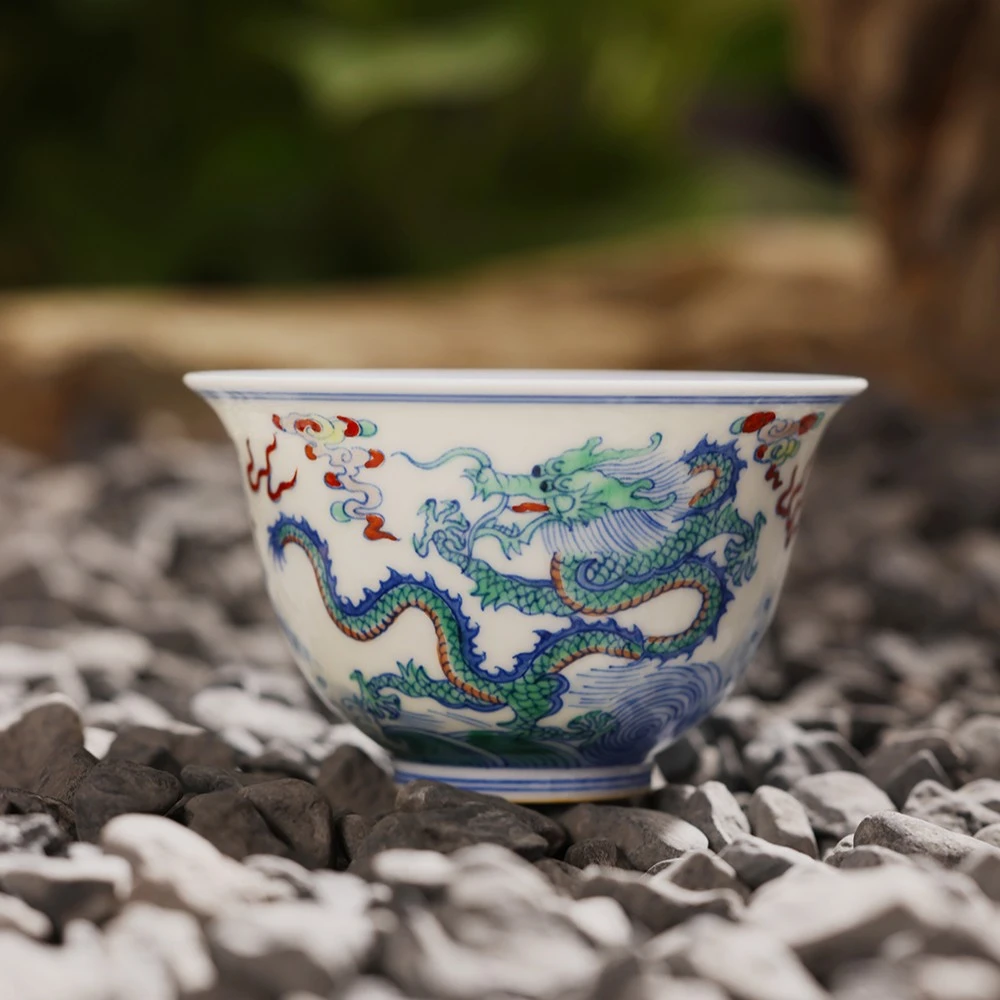 【墨舍名窑】涂杏花斗彩双龙出海杯 TXH90