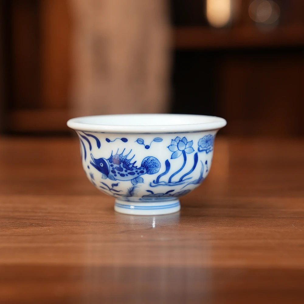 【墨舍柴窑】鱼藻小压手杯 景德镇陶瓷手绘主人杯（moshe214）景德镇