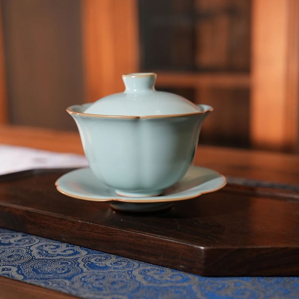 【墨舍好物】T分寸天青葵口盖碗（fc04）景德镇陶瓷茶具茶道手工手绘