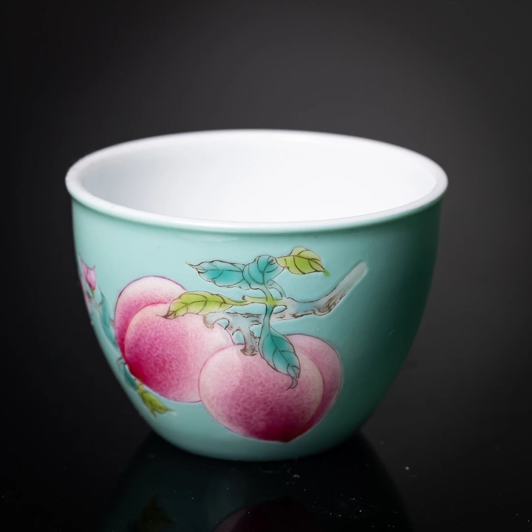 【墨舍珍藏】蓝地双桃缸杯纯手工陶瓷家用主人杯手绘(moshe1100）