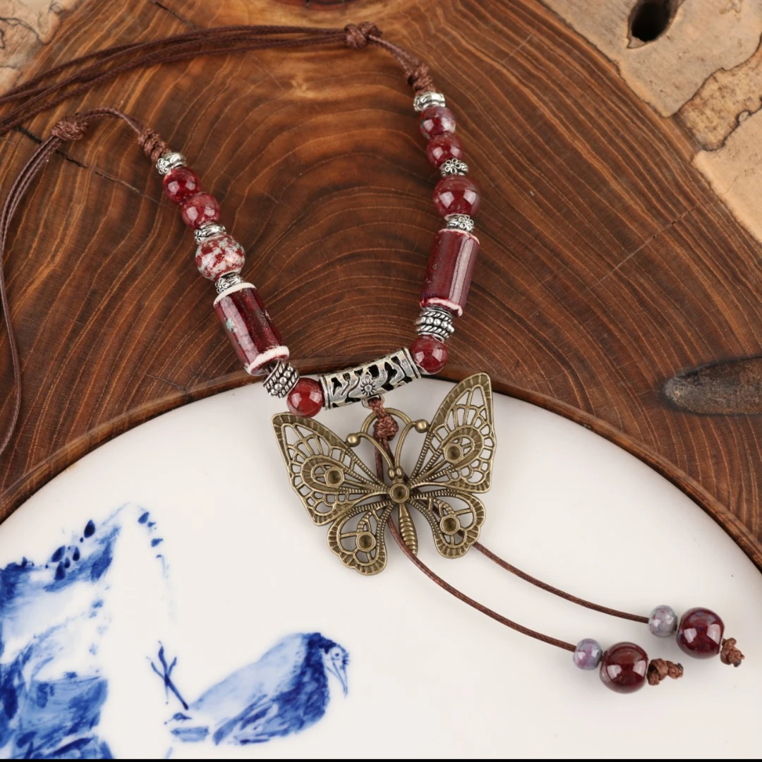 【墨墨同款】景德镇原创陶瓷蝴蝶墨舍 高级陶瓷毛衣链（红）（moshe35）